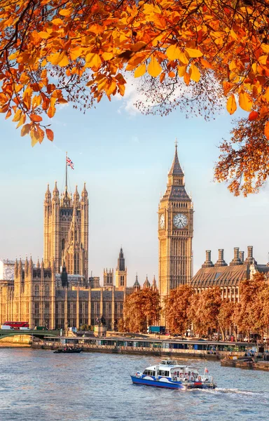 Μπιγκ Μπεν με φθινόπωρο αφήνει στο Λονδίνο, Αγγλία, Ηνωμένο Βασίλειο — Φωτογραφία Αρχείου
