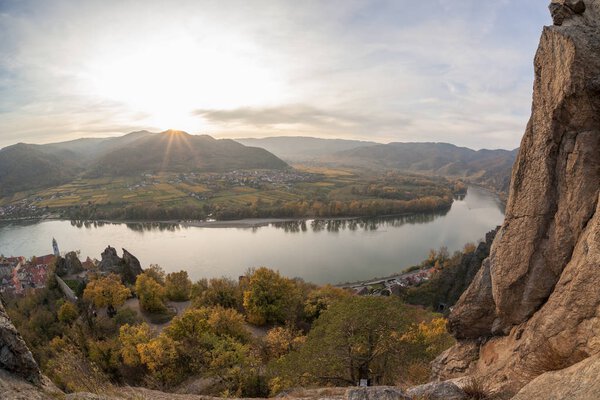 DUERNSTEIN CASTLE AND VILLAGE WITH DANUBE RIVER IN AUSTRIA