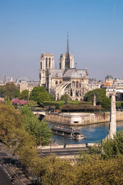París, Catedral de Notre Dame con barco en el Sena, Francia —  Fotos de Stock