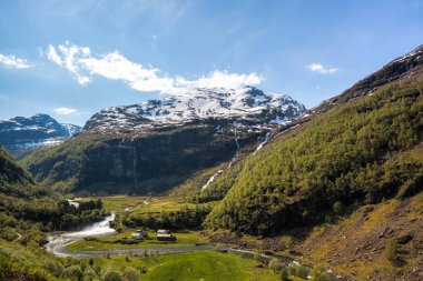 Baharda manzaralı Norveç. Norveç 'te Flam' den Myrdal 'a demiryolu
