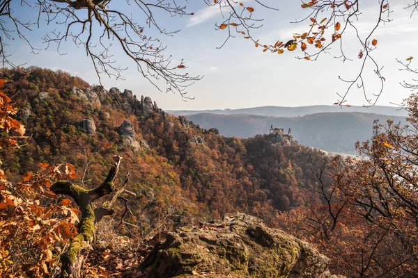 Panorama hradu Duernstein s podzimním lesem v Rakousku — Stock fotografie