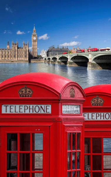 London symbols with BIG BEN, DOUBLE DECKER BUSES and Red Phone Booths in England, UK — Stock Photo, Image