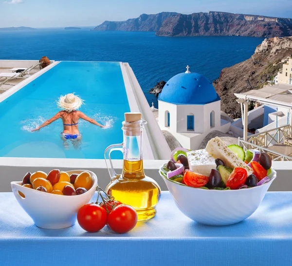 Santorini island with greek food in Greece — 스톡 사진