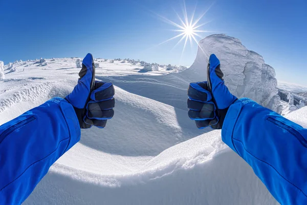 Hand shows thumbs up against winter landscape — 스톡 사진