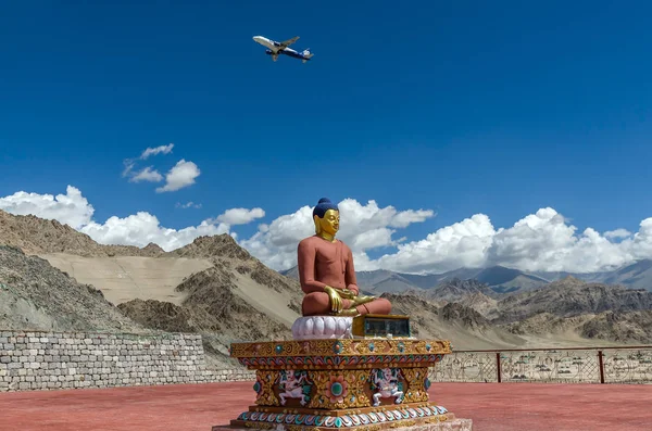 Flight above the Buddha statue in Spituk Monastery — Stock Photo, Image
