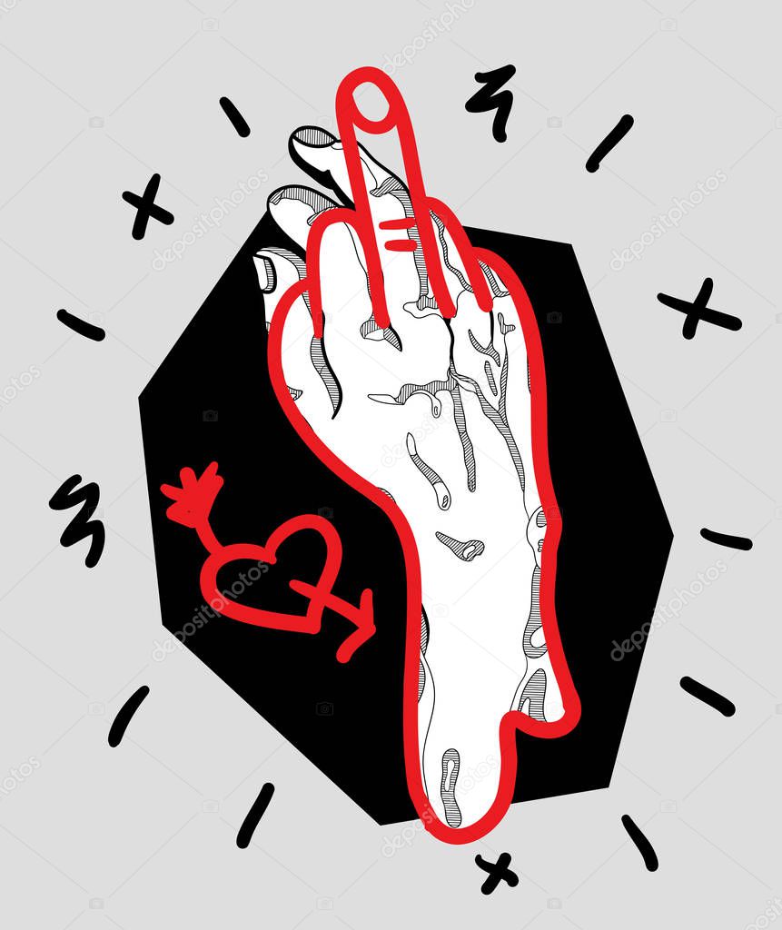 David hand sculpture. Vector illustration hand drawn. Crazy style. Fuck / Love. Middle finger.