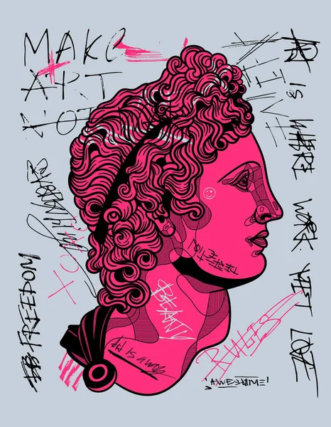 Скульптура Аполло Бельведере. Безумная розовая каллиграфия — стоковый вектор