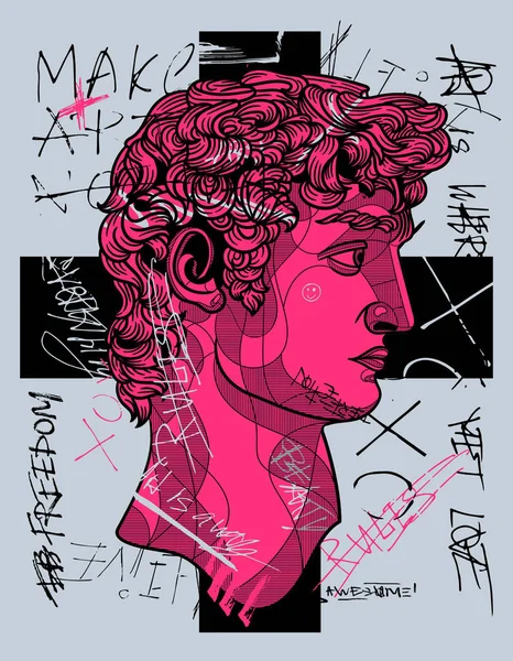 David classical sculpture. Crazy pink calligraphy. Punk culture inspired.