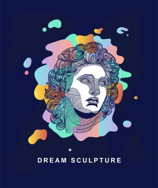 Classical sculpture. Dream style with colors spots on the violet background.