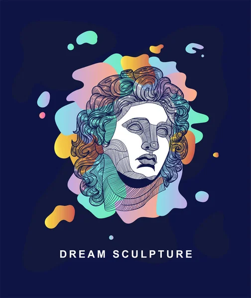 Classical sculpture. Dream style with colors spots on the violet background. — Stock Vector