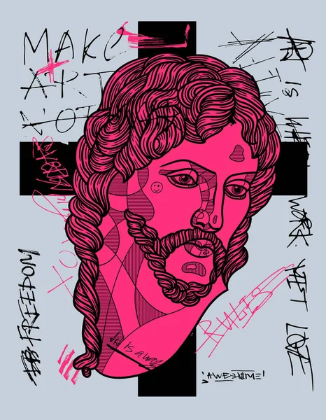 The Risen Christ sculpture. Crazy pink calligraphy — Stock Vector