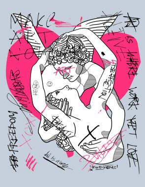 Cupids kiss sculpture. Crazy pink calligraphy clipart