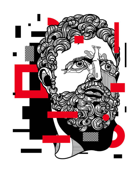 Портретная скульптура Геркулеса. Глитч-красный современный стиль
.