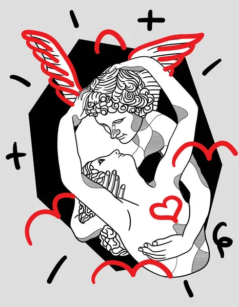 Cupidos besan la escultura. Loco estilo rojo . — Vector de stock