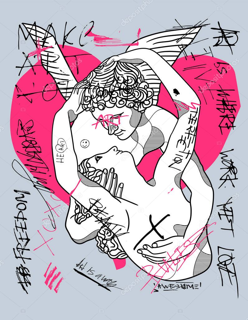 Cupids kiss sculpture. Crazy pink calligraphy