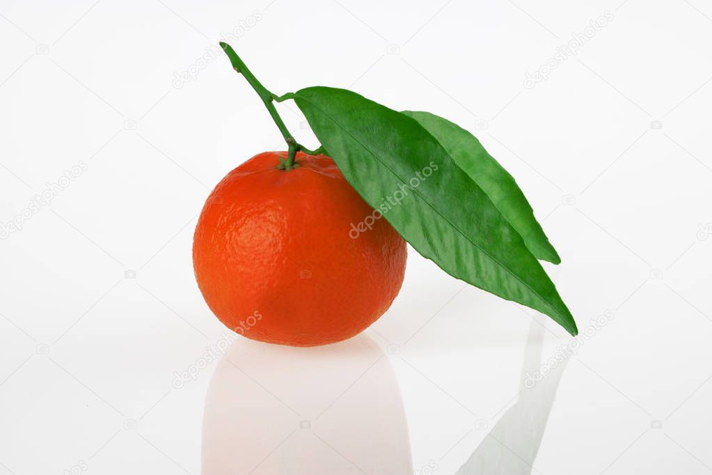 A fresh mandarin with green leafs on white background