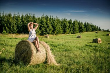 Güzel kız işten sonra dinleniyor. Sahada samanlı bir kız. Bir tarlada saman demetinin yanında bir kadın. Kırsal yaşam. Köyde tatil.