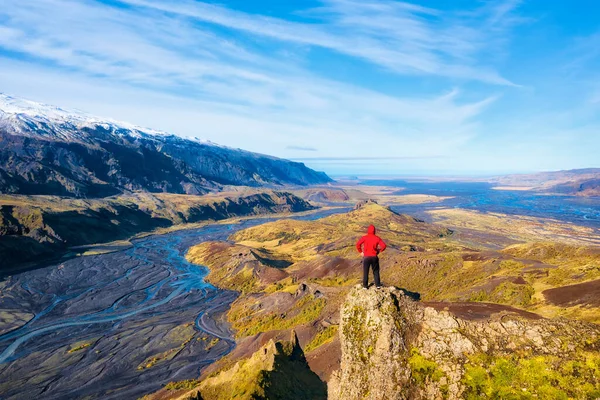 Hiker Overlooking Glacier River Thorsmork Southern Iceland Post Processed Hdr — 图库照片