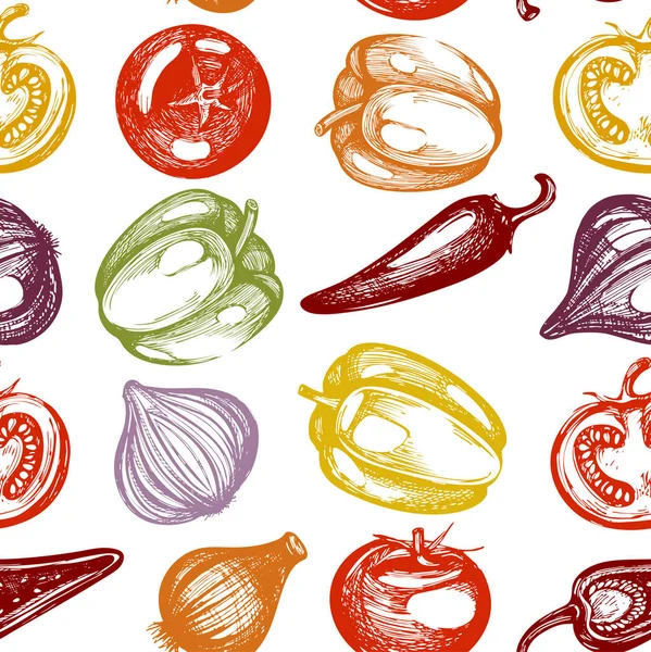 カラー スケッチ野菜とシームレスなベクトル パターン 赤いトマト 緑と黄色のピーマン タマネギ 唐辛子 — ストックベクタ