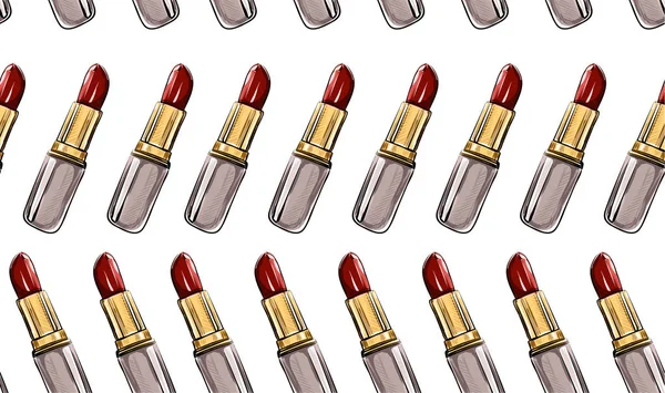 Modello Senza Cuciture Con Rossetto Rosso Sullo Sfondo Bianco — Vettoriale Stock