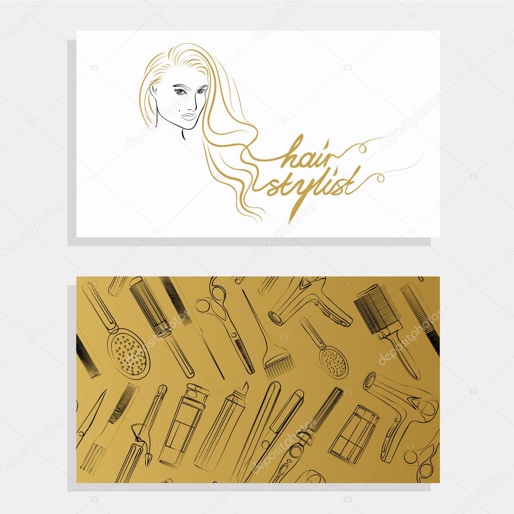Vist card for hairdresser salon - logo and pattern on the gold background.