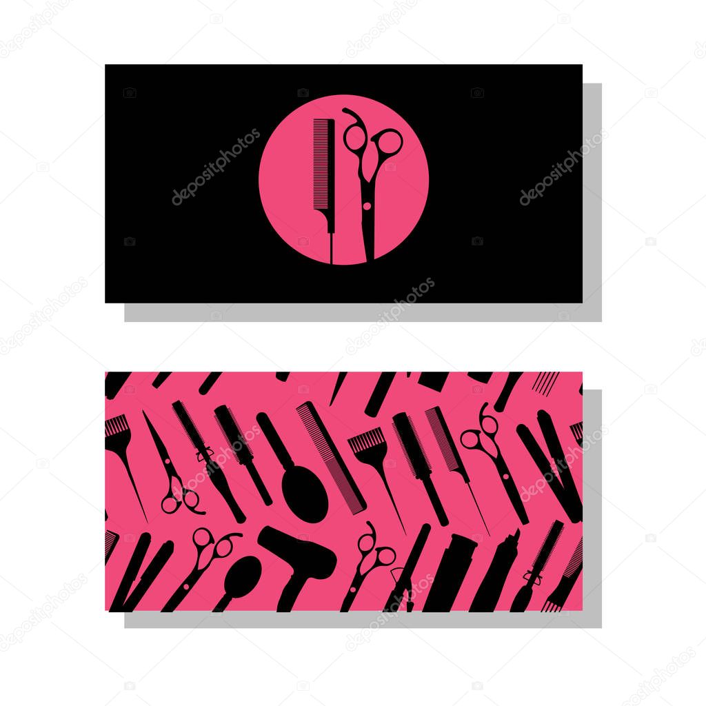 Visit card for hair stylist with logo and pattern on the pink background