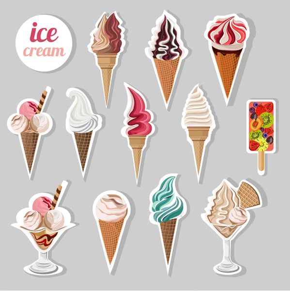 Векторный Набор Красочными Наклейками Мороженого Сером Фоне — стоковый вектор