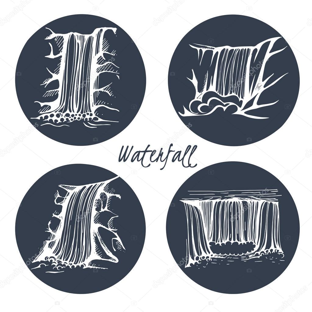 Vector set of sketch waterfall illustration on the blue background