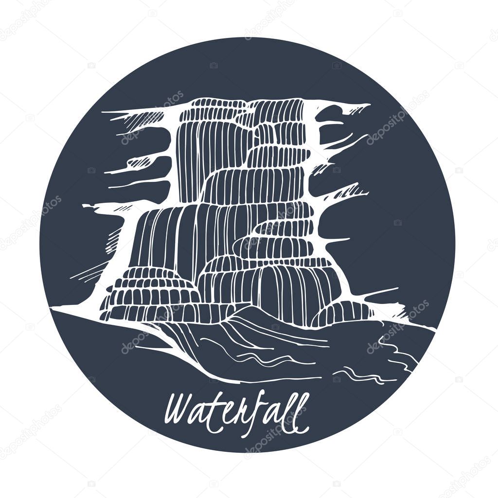 Hand drawn waterfall  on the blue background