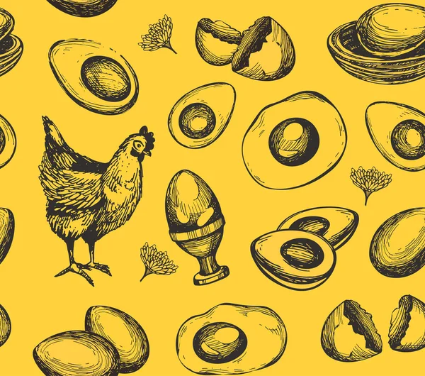 Modèle Sans Couture Avec Des Œufs Poulet Sur Fond Jaune — Image vectorielle