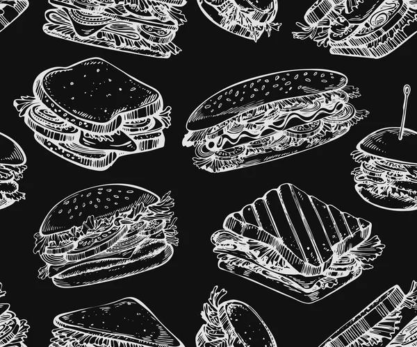 Seamless Pattern Sketch Burgers Black Background — Stock Vector