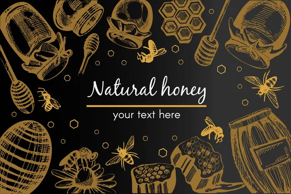 Vektor Schwarzer Hintergrund Mit Honiggegenständen Bienenstock Honigbank Biene Wabe Pollen — Stockvektor