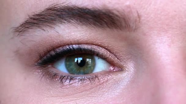 Крупним планом красиве зелене око відкриває людський райдужний макро натуральна краса — стокове відео