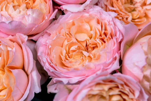 Flores de close-up na mão. Local de trabalho florista. Mulher organizando um buquê com rosas, crisântemo, cravo e outras flores. Um professor de floricultura em master classes ou cursos — Fotografia de Stock