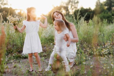 Anne ve iki kızı gün batımında bir tarlada. Birlikte vakit geçirin. Mutlu aile 