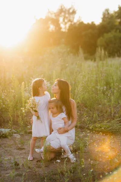 Životní styl portrét maminka a dvě dcery v happines na vnější straně na louce — Stock fotografie