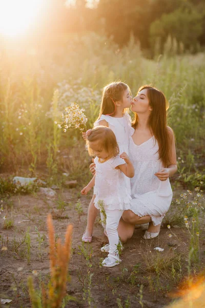Životní styl portrét maminka a dvě dcery v happines na vnější straně na louce — Stock fotografie