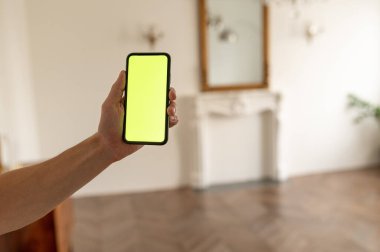 Evdeki Adam, Smartphone 'u Yeşil Model Ekranlı Smartphone kullanarak Kanepede Uzanıyor, Swiping Yapıyor. Cep Telefonu Kullanan Adam