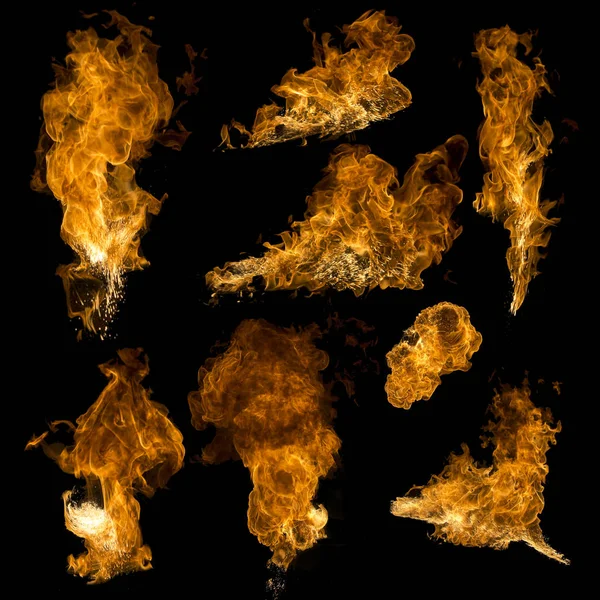 Textura coleção de fogo isolado no fundo preto — Fotografia de Stock