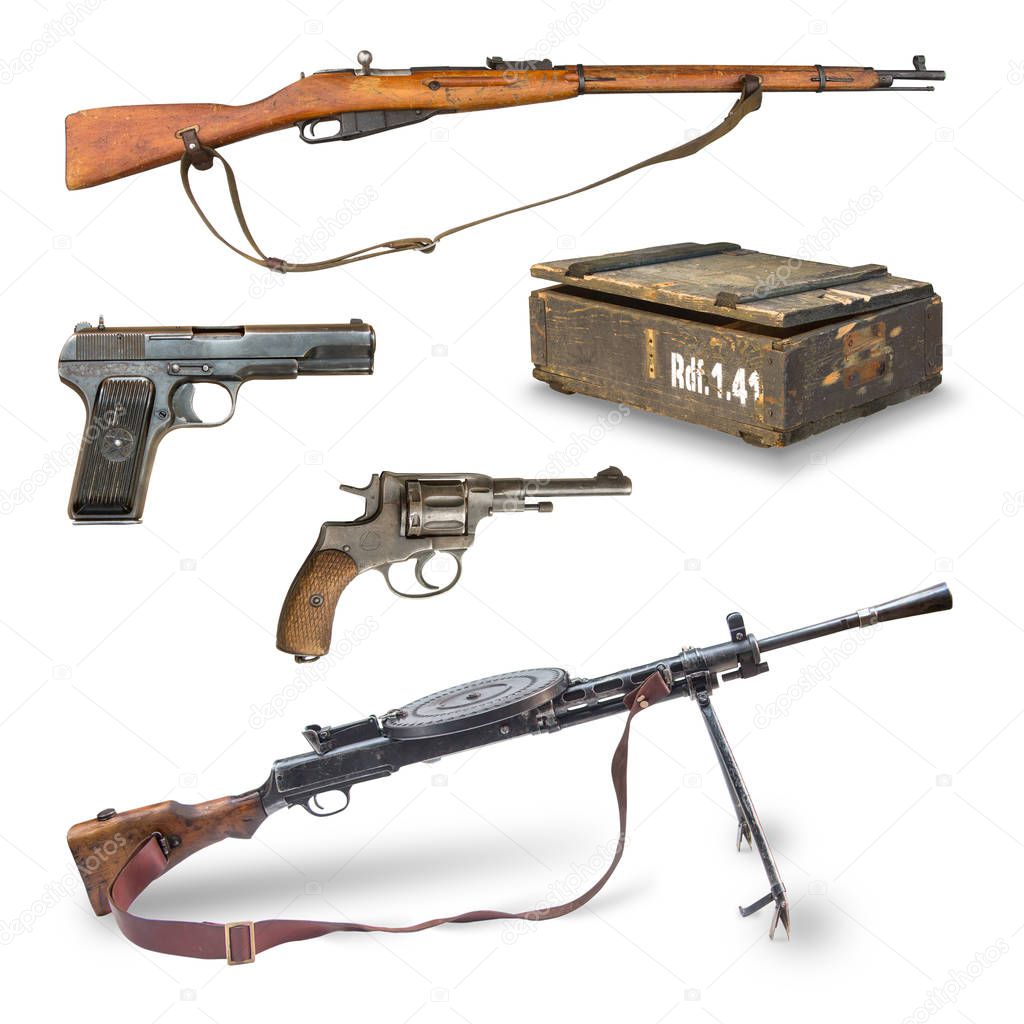 pistols, rifles, machine guns, ammunition box.