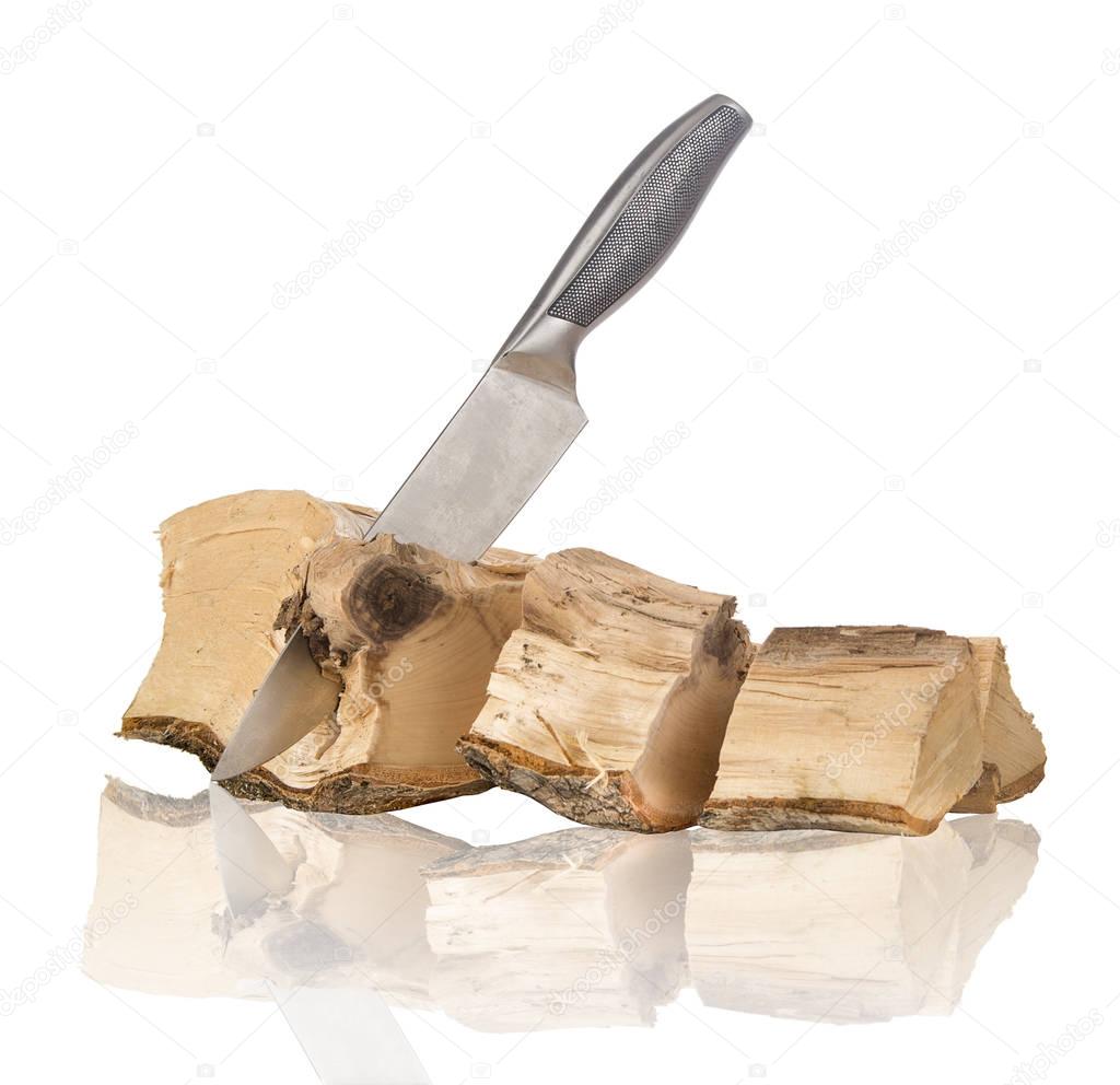 firewood, wood cut  large knife isolated