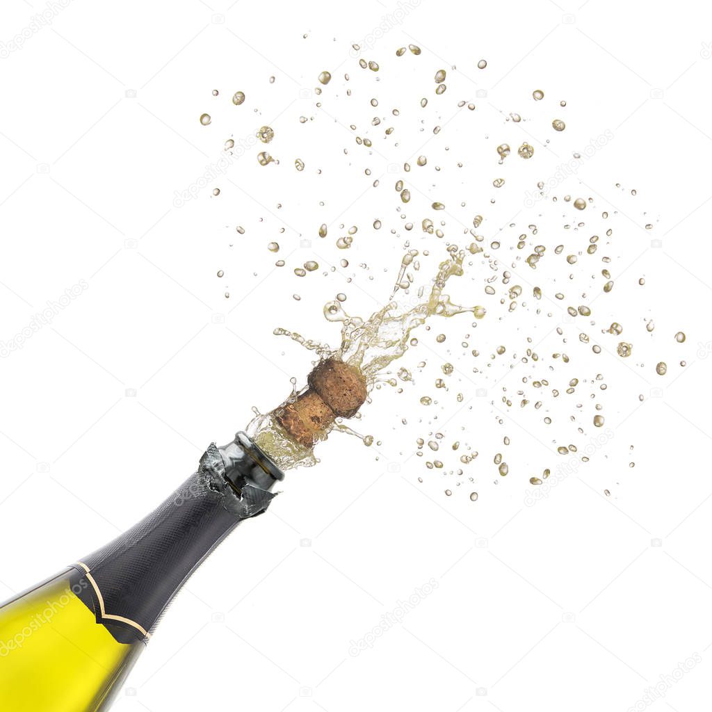 champagne bottle with popping corks isolated  