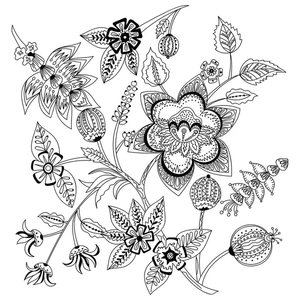 Flores decorativas de Doodle en blanco y negro para colorear libro, cubierta o fondo. Dibujo dibujado a mano para la página para colorear adulto anti estrés. ilustración vectorial . — Vector de stock