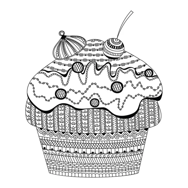 Doodle vector of dessert cupcake coloring book for adults vector illustration. Anti-stress coloring for adult. Zentangle style bakery products. Black and white lines cream. Lace pattern cherry — Stock Vector