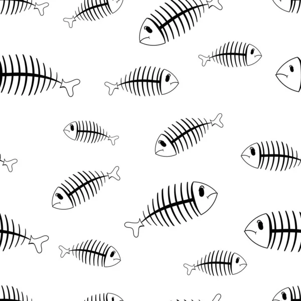 플랫 라인 흑백 벡터 원활한 패턴 바다 물고기 뼈, 골격. 단순화 된 레트 로입니다. 유치 한 만화 스타일입니다. 해골입니다. 바다 낙서 예술입니다. 배경입니다. 그림, 디자인, 벽지에 대 한 요소. — 스톡 벡터