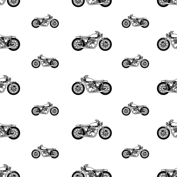 Seamless pattern with vintage motorcycles black silhouettes. isolated on white background. — Stock Vector