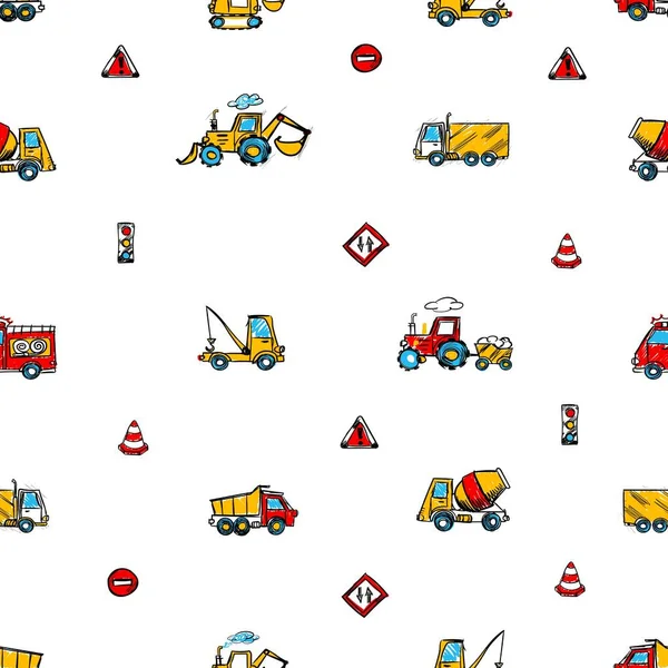 Heavy machinery sketch. Seamless pattern with hand-drawn cartoon construction objects - truck, excavator, tractor, bulldozer, tractor, concrete mixer Doodle drawing. Vector illustration. — Stock vektor