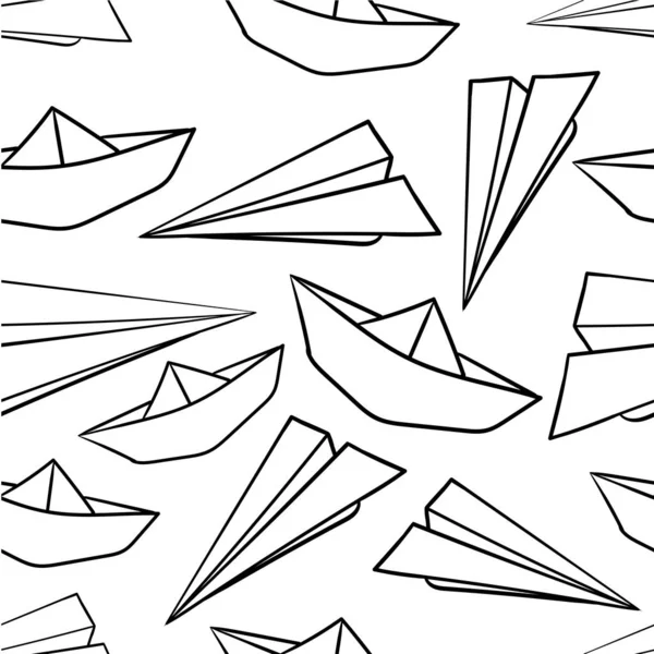 Origami paper boats and paper planes seamless hand drawn pattern. Paper models of planes. Paper models of boats. Vector illustration