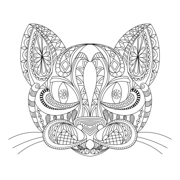 Hand drawn outline doodle of a cat head. vector illustration. decorated with zentangle ornaments. for coloring book, tattoo, poster, t-shirt. black and white. coloring book for adultsantistress — Stock Vector