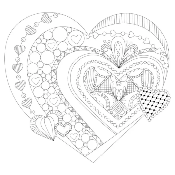 Hand drawn heart for adult anti stress. Coloring page with high details isolated on white background. Zentangle pattern for relax and meditation. suitable for a coloring book, Valentines day card — Stock Vector